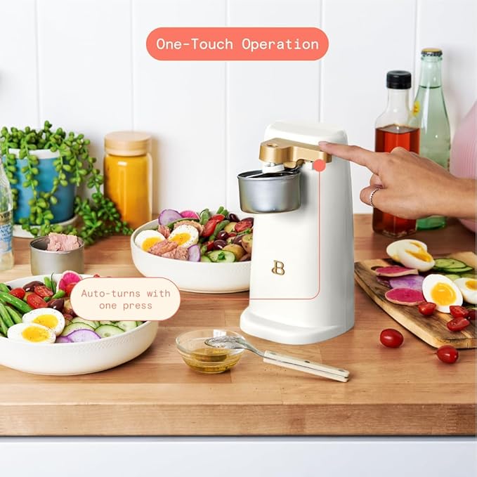 Beautiful Electric Can Opener with Auto-Turn, Magnetic Lid Holder, Knife Sharpener, Bottle Opener, Removable Lever, Cord Storage, No-Tilt Base, Stainless Steel Blade, 70W (White Icing)