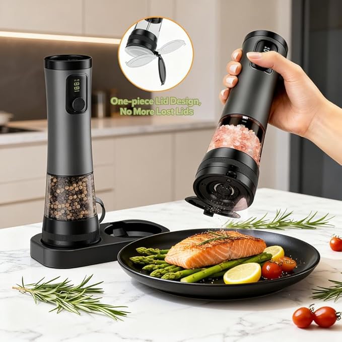 TorqueHome Electric Salt and Pepper Grinder Set - Ceramic Grinder Automatic Pepper Mills with Storage Base - Pepper Mill with 5 Level Adjustable Coarseness for Modern Kitchen