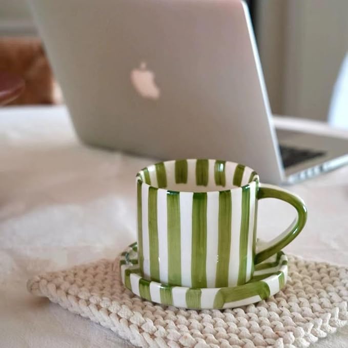 8Oz Stylish Handmade Vertical Striped Coffee Mug Espresso Cups With Saucer, small Hand painted Ceramic Cappuccino Mugs, Glazed Tea Cup, Microwave safe Latte art mug, Spring mug (Green)