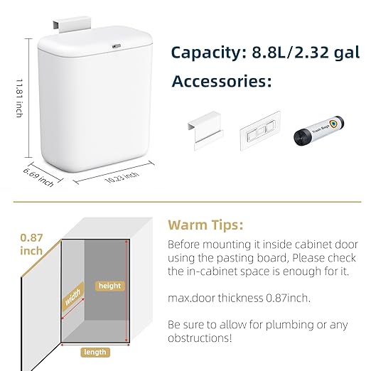MUEE 2.4 Gal/9L Compost Bin Kitchen for Countertop or Under Sink, Hanging Small Trash Can with Lid Garbage Can Compost Bucket, Indoor Waste Basket Trash Bin for Cupboard, Bathroom, Bedroom, Office, RV