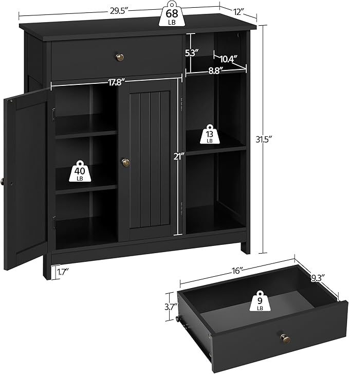 Yaheetech Bathroom Storage Cabinet, Bathroom Floor Cabinet with 2 Doors and 1 Drawer, Storage Units with 3 Open Compartments and Adjustable Shelves for Living Room, Entryway, Black