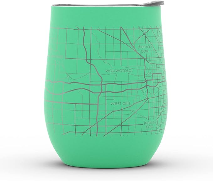 Well Told Engraved Milwaukee Wisconsin Map Insulated Wine Tumbler, Etched Stainless Steel Cup (12 oz, Sunday Green) City Map Insulated Tumbler, Custom Insulated Tumbler, Outdoor Drinkware