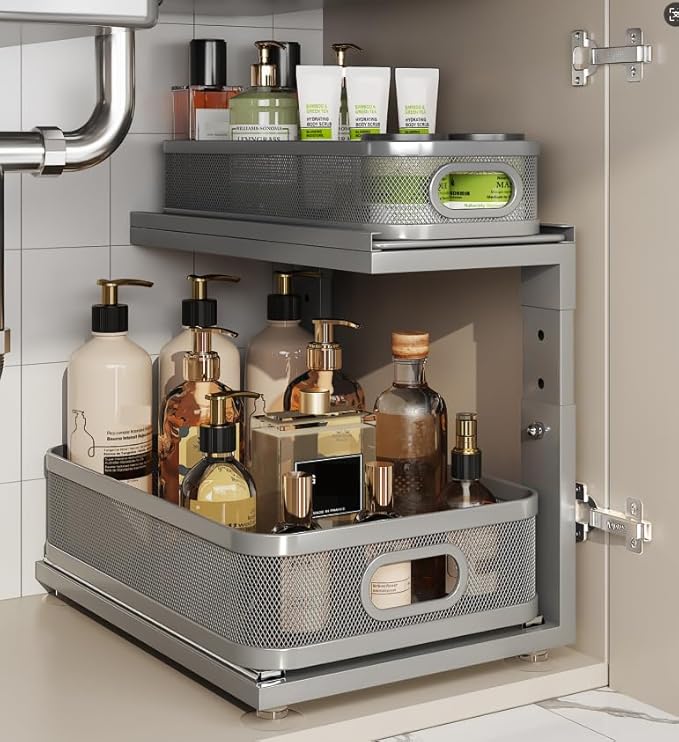 1 Pack 15.5IN-Depth Under Sink Organizer With Next-Gen Ball-Bearing Slides,2-Tier Precision Mesh Pull Out Cabinet Storage for Bathroom&Kitchen,Height Adjustable Drawers Shelf,Anti-rust-Grey