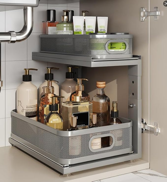 1 Pack 15.5IN-Depth Under Sink Organizer With Next-Gen Ball-Bearing Slides,2-Tier Precision Mesh Pull Out Cabinet Storage for Bathroom&Kitchen,Height Adjustable Drawers Shelf,Anti-rust-Grey