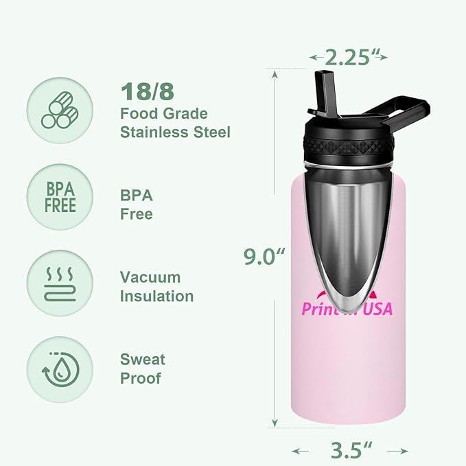 Personalized Custom Print in USA Water Bottle 32oz Stainless Steel Double Wall Coffee Cup with Lid & Straw Insulated Tumbler with Colorful Text Logo Photo