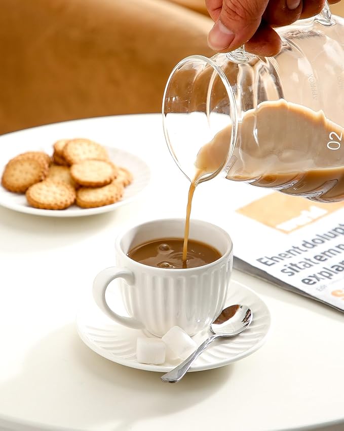 Hasense 4 Oz Espresso Cups with Saucers Set of 6, Ribbed Cappuccino Cups Ceramic for Coffee,Espresso,Double shot,Latte and Macchiato, Demitasse Cups Set Aesthetic Gift, White