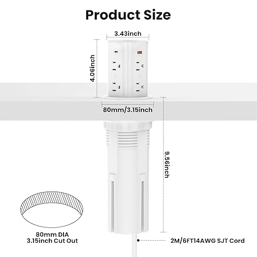 VILONG Pop Up Outlet with 15W Wireless Charger,4 USB Ports,8 Outlets,Space-Saving Concealed Design,Pop up Power Outlet for Conference Table,Kitchen Countertop (ETL Listed)