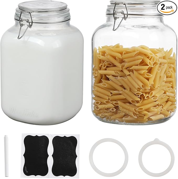 2 Pack 1 Gallon Glass Mason Jars, Super Wide Mouth Heavy Duty Jar with Airtight Lid, Large Capacity Glass Container with Silicone Gasket-Extra Tag for Kitchen (Glass Lid)