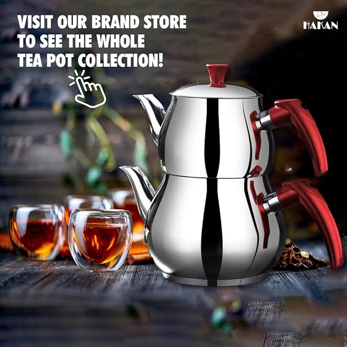 Hakan Stainless Steel 2.8 L, 93 Oz, Midi Double Bondy Tea Pot Set with Self Strainer Double Lids, Turkish Samovar Style Teapot Set, Tea Kettle for Loose Leaf Tea with Red Bakelite Handle 2.9-Quart