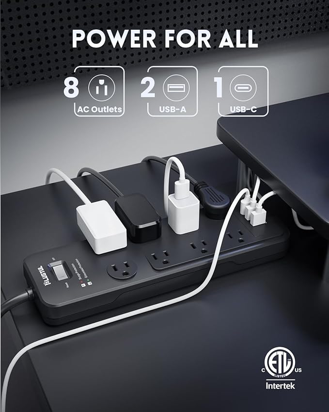 Surge Protector Power Strip 15FT, PLUGTUL Surge Protector with 8 Outlets - Spacious Design for Large Plugs, Flat Plug, 20W USB C Charging for Home, Office, ETL Listed, 2040J