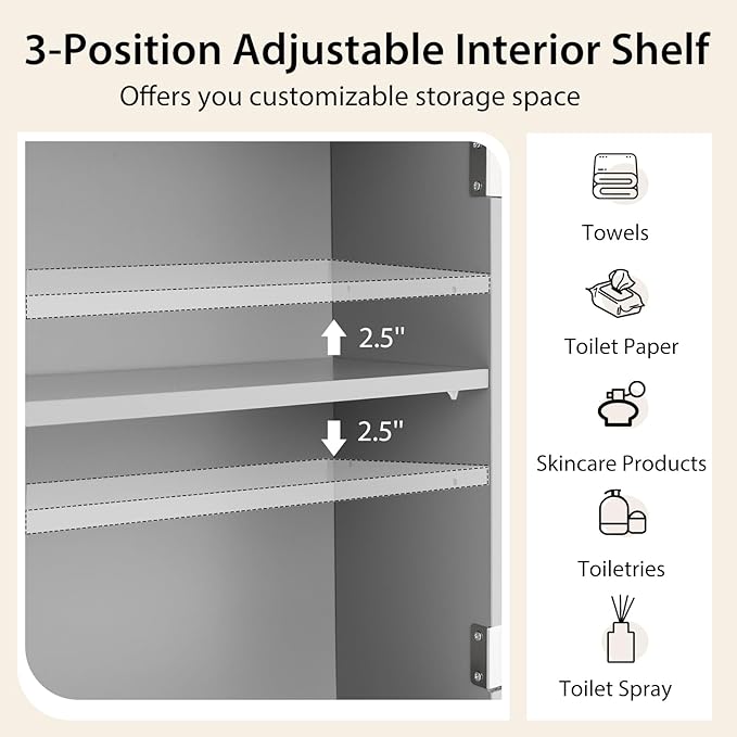 COSTWAY Over The Toilet Storage Cabinet, Bathroom Shelf Over Toilet, Double Door Bathroom Storage Cabinet Organizer with Adjustable Shelf, Open Shelf (Grey)