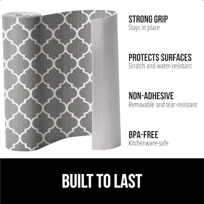GORILLA GRIP Slip Resistant Drawer and Shelf Liner 2 Pack, Non Adhesive Water Resistant, Easy Clean and Trim, Smooth Surface Liners for Kitchen Cabinet Shelves Drawers Pantry 12 IN x 20 FT, White Gray