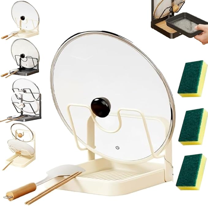 Kitchen Pot Lid Storage Rack - Pot Lid Organizer Rack,Pot Lid Holder While Cooking,Spoon Rest with Lid Holder&Drip Tray,Multifunctional Kitchen Organizer Stand for Stove Top (Beige, Single)