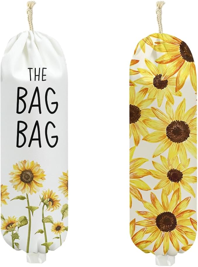 2Pcs Sunflowers Plastic Bag Holder 22.5x9 Inch, Wall Mount Grocery Bag Holder for Plastic Bags, Summer Floral Reusable Grocery Bags Storage Dispenser for Home Kitchen Decor, Sunflower Gifts for Women