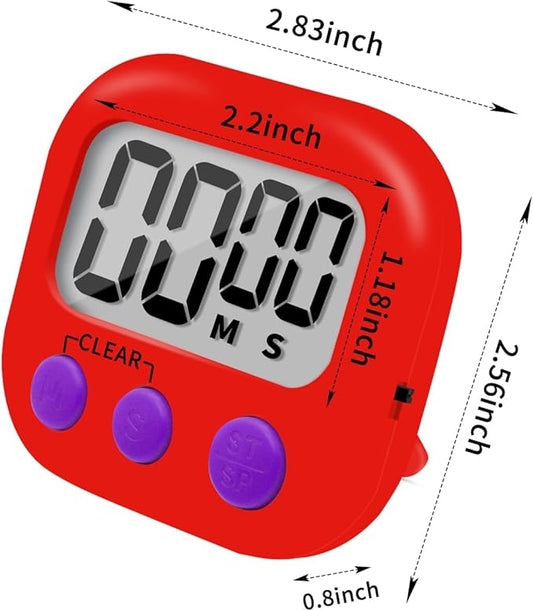 6 Pack Small Digital Kitchen Timer Magnetic Back and ON/Off Switch,Minute Second Count Up Countdown (Red)