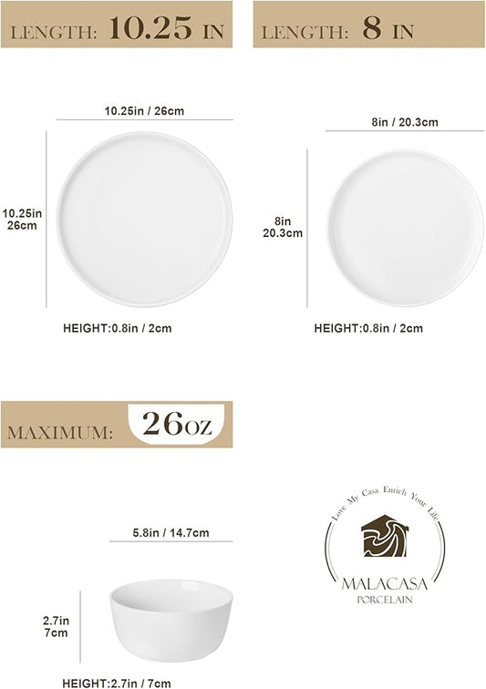 MALACASA 18 Pieces Gourmet Porcelain Dinnerware Sets, Premium Plates and Bowls Set, High-Fired Ceramic Dishes Set for 6, Chip & Scratch Resistant, Microwave Dishwasher Safe, White, Series LEXI