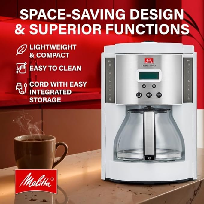 Melitta Aroma Enhance 10-Cup Drip Coffee Maker, Automatic and Programmable, 96oz Capacity with 5-Pack Coffee Filters | White
