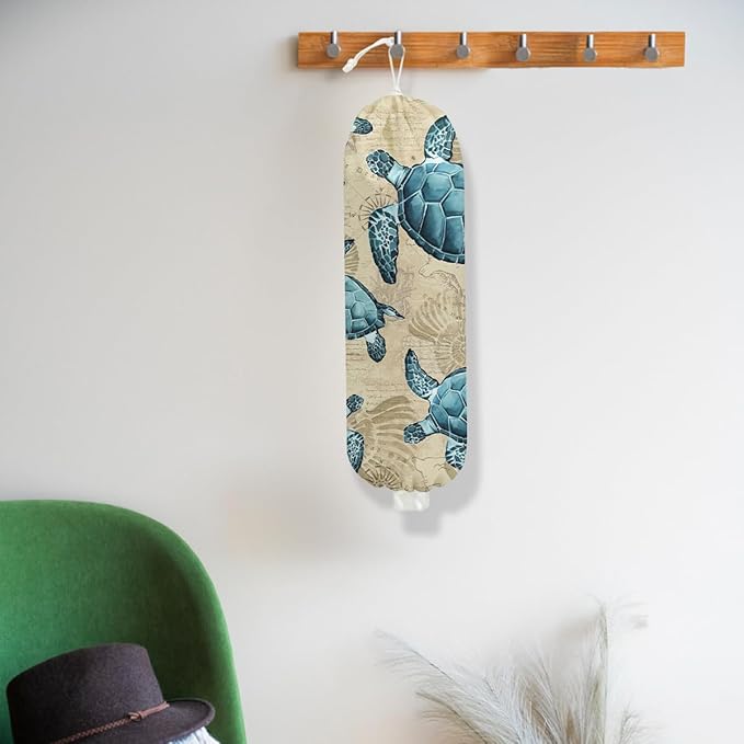 Turtle Plastic Bag Holder for Kitchen Essentials, Shells Wall Mount Grocery Bag Holder for Plastic Bags, Reusable Grocery Bags Storage Dispenser for Kitchen Pantry Decor, Sea Turtle Gifts for Women