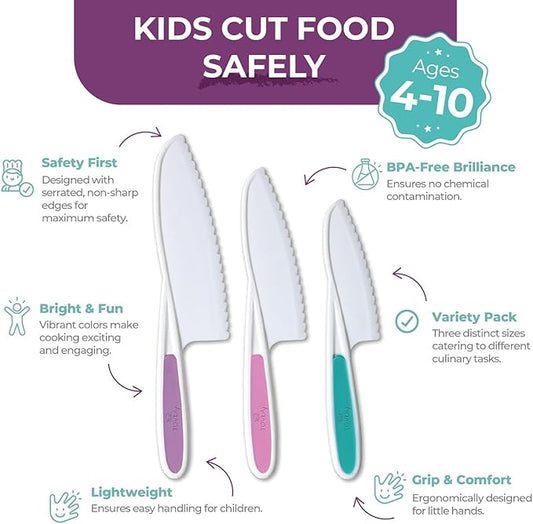 Tovla Jr. Kid Safe Knife Set for Real Cooking | 3-Piece Toddler Kitchen Knives | Montessori & STEM Cooking Tools Ages 4–12 | BPA-Free, Dishwasher-Safe | Christmas, Birthday & Stocking Stuffer Gift