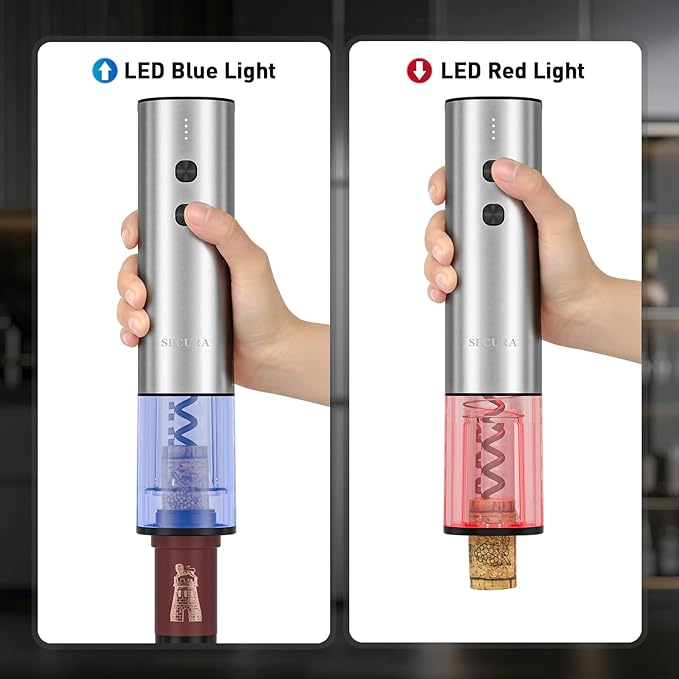 Secura Stainless Steel Electric Wine Opener, Rechargeable Automatic Wine Bottle Opener with Foil Cutter & Charging Cable, Reusable Corkscrew Wine Opener Electric for Home Party Bar Outdoor, Silver