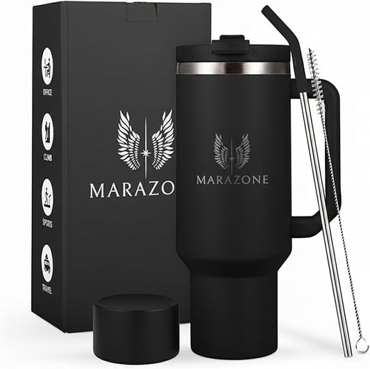 40 oz Insulated Tumbler with Handle and Straw – Stainless Steel Double Wall Vacuum Cup Fits Car Cup Holder, Hot Cold Travel Mug, BPA Free Reusable Water Bottle for Men Women - Midnight Black