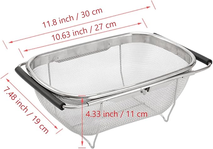 Over The Sink Colander, 4 Quarts Stainless Steel Oval Colander with Expandable Rubber Grip Handle, Fine Mesh Strainer Baskets Kitchen Colanders for Strain, Drain, Rinse Vegetable, Fruits, Black