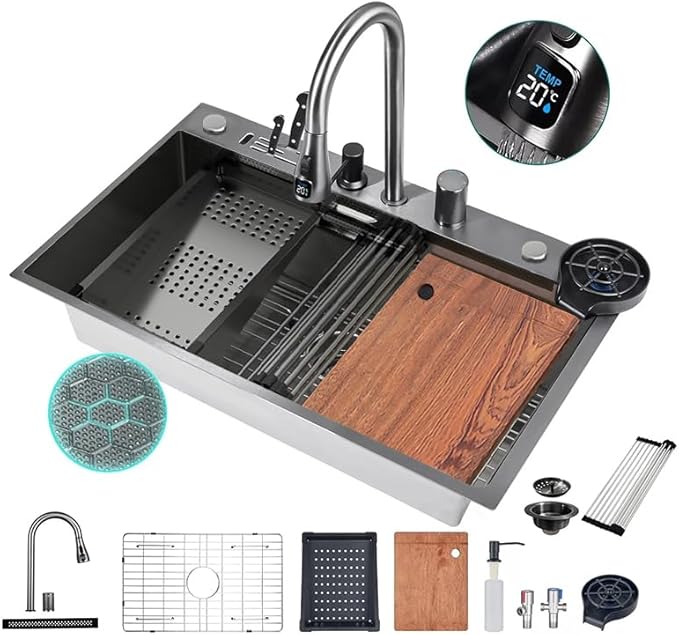 33''x22'' Kitchen Sink with Digital Display, Nano Slidable Kitchen Sinks with Knife Holder & Faucet Combo Set, Drop-in Stainless Steel Single Bowl Workstation Sink with Accessories, Black