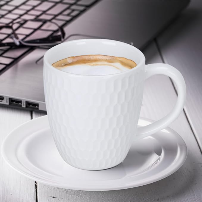 Schliersee 16 OZ Coffee Mugs Set of 6, White Ceramic Coffee Mug, Geometric Pattern Coffee Cups for Latte, Tea, Cappuccino, Mocha, Cocoa, Espresso cups