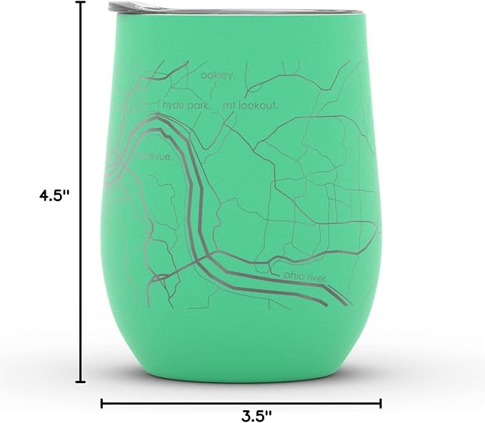 Well Told Engraved Cincinnati Ohio Map Insulated Wine Tumbler, Etched Stainless Steel Cup (12 oz, Sunday Green) City Map Insulated Tumbler, Custom Insulated Tumbler, Outdoor Drinkware