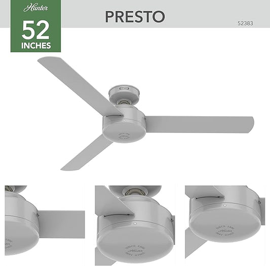 Hunter 52 inch Indoor Ceiling Fan No Light - Modern Ceiling Fan without Light, 3 Blades, Standard Mount, For Bedroom, Living Room, or Kitchen, Wall Control - Presto 52383, Dove Grey
