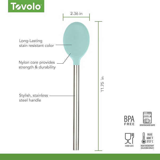 Tovolo Mixing Spoon Stainless Steel Handle Scratch Resistant Non Stick Safe Kitchen Utensil for Cooking Baking Serving Stirring, Heat Resistant Silicone Spoon with Metal Handle Aqua Seafoam Green