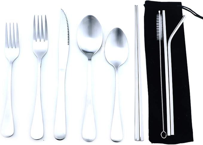 Silver Reusable Utensils with Case Camping Travel Silverware Set,Portable Stainless Steel Cutlery Set - Matte Flatware Set Knife Fork Spoon Mirror Straws Chopsticks - for Office Lunch, Hiking, School