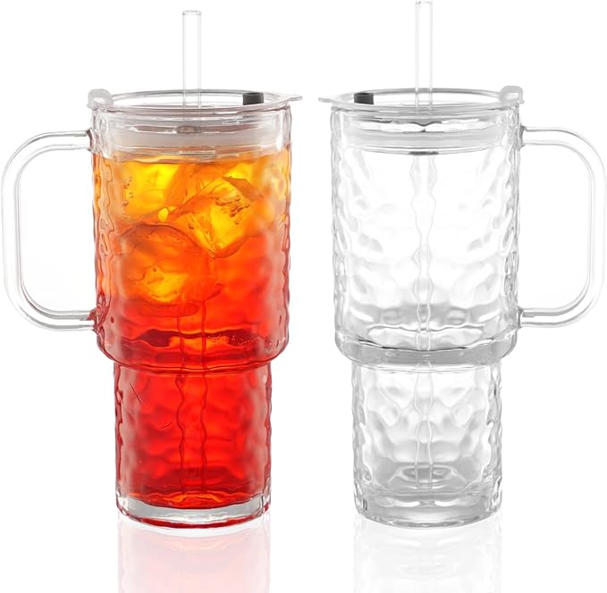 20 oz Glass Tumbler with Handle Set, 2 Pcs Clear Stanley Cup with Straw and Lid, Reusable Glass Cups for Coffee, Tea, Coffee, Juice, Yogurt, And Soda Water