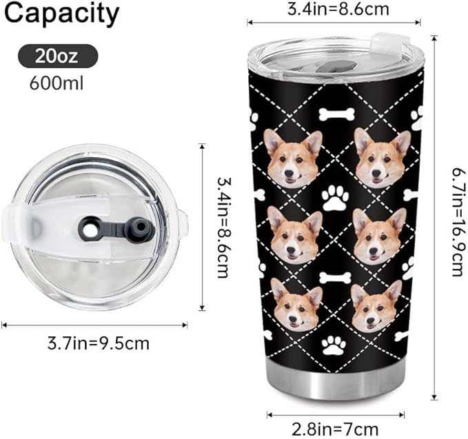 FunStudio Personalized Dog Face Tumbler with Pictures Puppy Pet Paw Custom Tumblers Coffee Travel Mug Cup Gift for Men Women, 20 Oz Insulated Stainless Steel