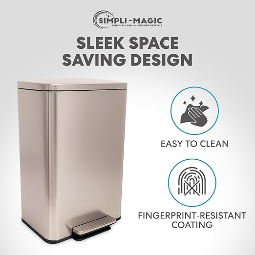 SIMPLI-Magic 13.2 Gallon (50L) Step Trash Can – Kitchen Garbage Can with Slow-Close Lid – Odor Control, Hands-Free, Easy to Clean, Brushed Stainless Steel (Rose Gold)