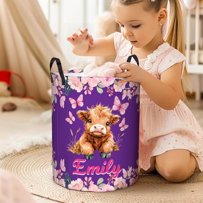 callie Personalized Highland Cow Laundry Basket for Kids Girls, Waterproof Collapsible Laundry Hamper, Clothes Toys Storage Bin for Bedroom (13.8" x 16.5", 15.7" x 19.6")