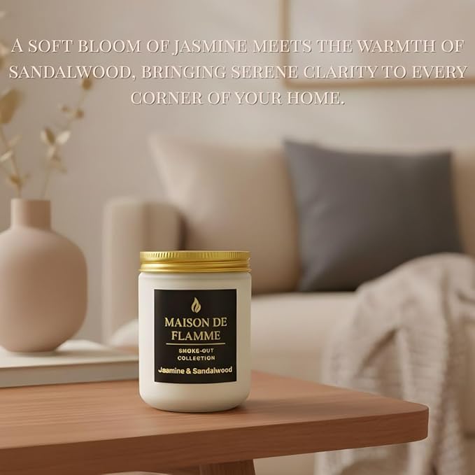 Jasmine & Sandalwood Odor-Eliminating Scented Candle, 200g/7oz White Jar – Long-Lasting Soy Wax Blend Candle for Smoke, Kitchen & Pet Odors