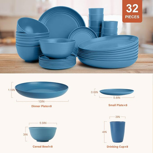 Dinnerware Sets for 8, Wheat Straw Bowls and Plates Set, Microwave and Dishwasher Safe Dish Sets 32 PCS, Unbreakable & Lightweight Camping Plates Cups and Bowls Set for Kitchen - Blue