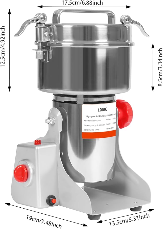 1500g High Speed Food Electric Stainless Steel Grinder Mill Seeds,4100W Electric Grain Mill,30000r/min,Flour Nut Pill Wheat Corn Herbs Spices & Seasonings Dry Grinder (1500g)