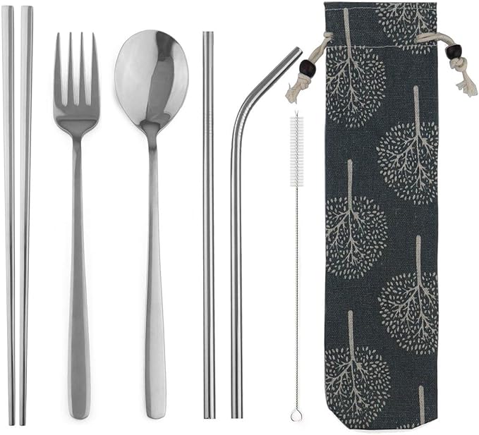 304 Stainless Steel Flatware Set Reusable Utensils Set with Straws Portable Travel for Camping Hiking,Dishwasher Safe,Set of 7, Mirror Silver