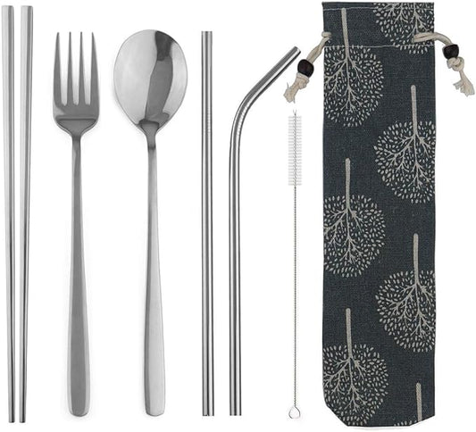304 Stainless Steel Flatware Set Reusable Utensils Set with Straws Portable Travel for Camping Hiking,Dishwasher Safe,Set of 7, Mirror Silver