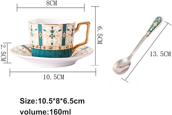 Vintage Bone China Tea Cup Set,5.4 Oz/160 ml Golden Handle Ceramic Coffee Teacup and Saucer with Spoon and Snack Fork, Style 01