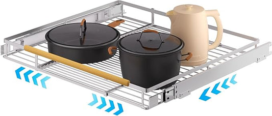 Expandable Pull Out Drawer Cabinet Organizer, Adjustable Width Bottom-Mounted Slide Out Storage Shelves for Cabinets, Required Cabinet Size (14.16"~24.36", D≥17.3"), 1 Pack, Stainless Steel