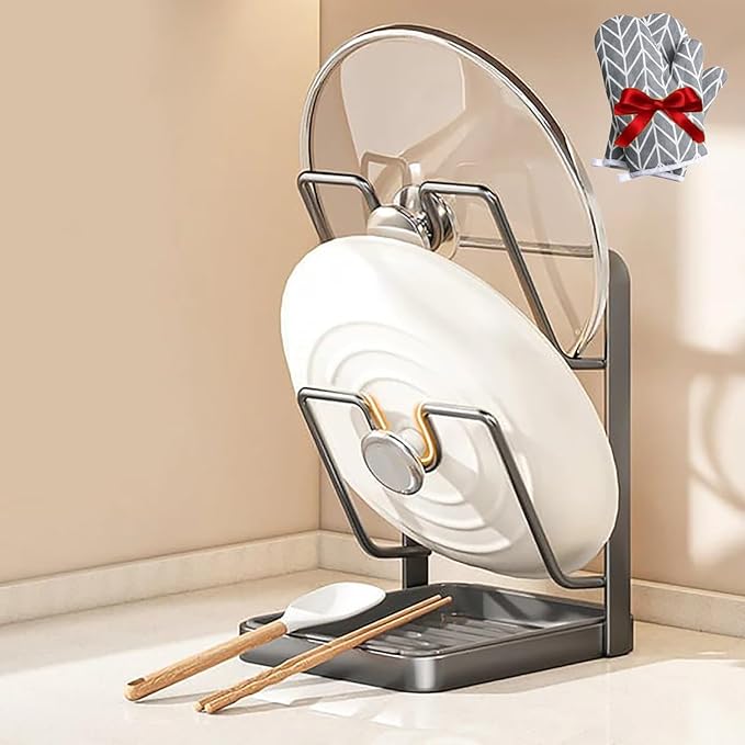 Kitchen Pot Lid Storage Rack, 2026 New Upgrade Kitchen Pot Lid Storage Rack with Tray For Counter, Three Layer Multifunctional Kitchens Pots Lids Holder Organizer (Gray, Double - Countertop)