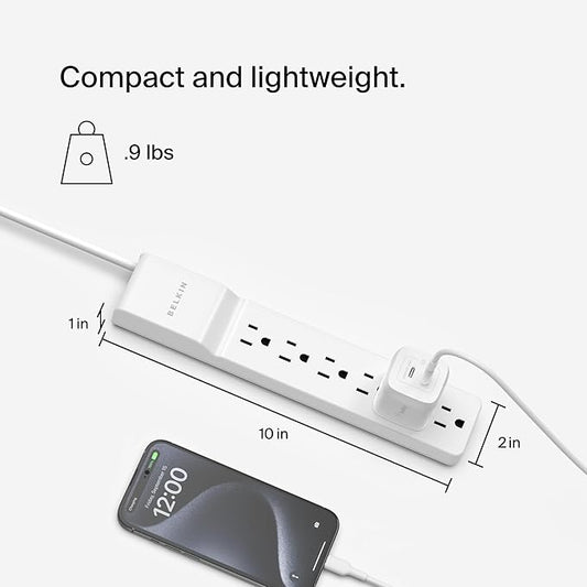 Belkin 6-Outlet Surge Protector Power Strip, UL-listed w/ 6 AC Outlets & 10ft/3M Cord, Overload and Overvoltage Protection for Personal Electronics, Small Appliances, & More - 720 Joules of Protection