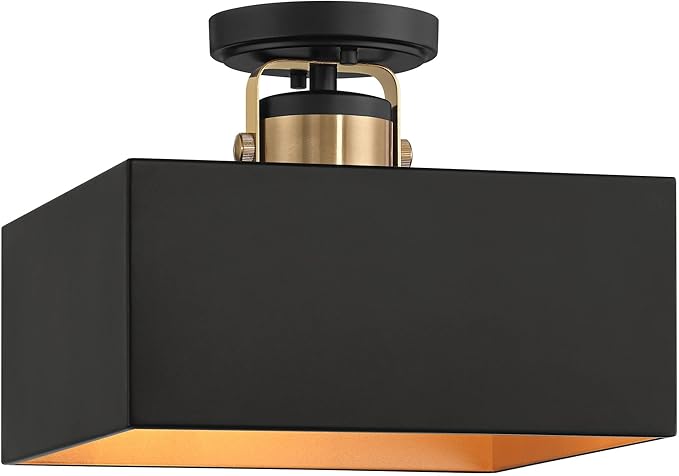 Possini Euro Design Artemis 12" Modern Semi Flush-Mount Ceiling Light Fixture Kitchen Foyer Hallway 2-Light Black Gold Finish Metal Bedroom Bathroom Entryway Living Room Indoor Office Mini