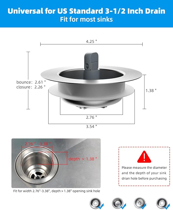 Hibbent Upgraded 2 Pack 3 in 1 Kitchen Sink Drain Strainer and Stopper Combo, Stainless Steel Metal Pop Up Sink Stopper, Anti-Clogging Basket with Foldable Handle for US Standard 3-1/2 Inch Drain