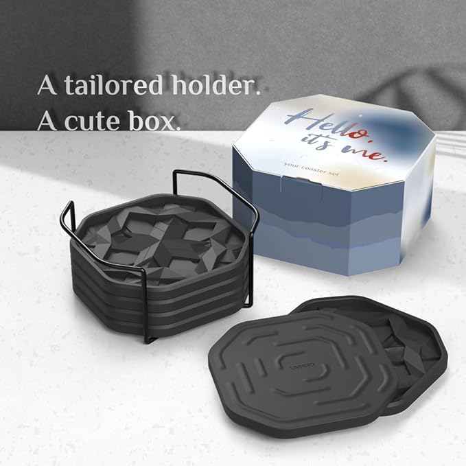 UMIRRO Silicone Cup Coasters for Drinks with Tailored Holder, Coffee Table Centerpiece, Modern Home Bar or Aesthetic Kitchen Essentials, Grey House Decor Gifts, Set of 6, Gray Cloud