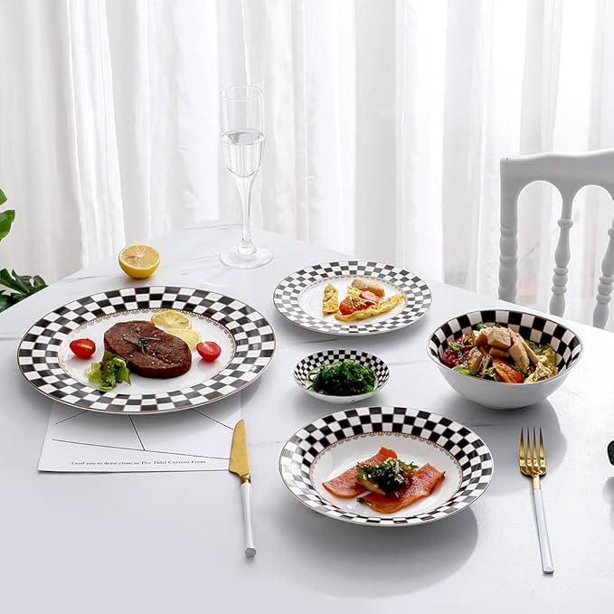 Porlien Checker Pattern 20-piece Round Dinnerware Set for 4, Porcelain Dinner Sets