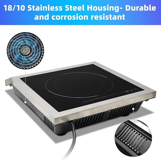 Induction Cooker,3500W High Power Commercial Induction Cooker, 9.5-Inch Enlarged Double-Layer Heating Plate, 8-Speed Power Adjustment, Brushed Stainless Steel Process, Waterproof, Leak-Proof